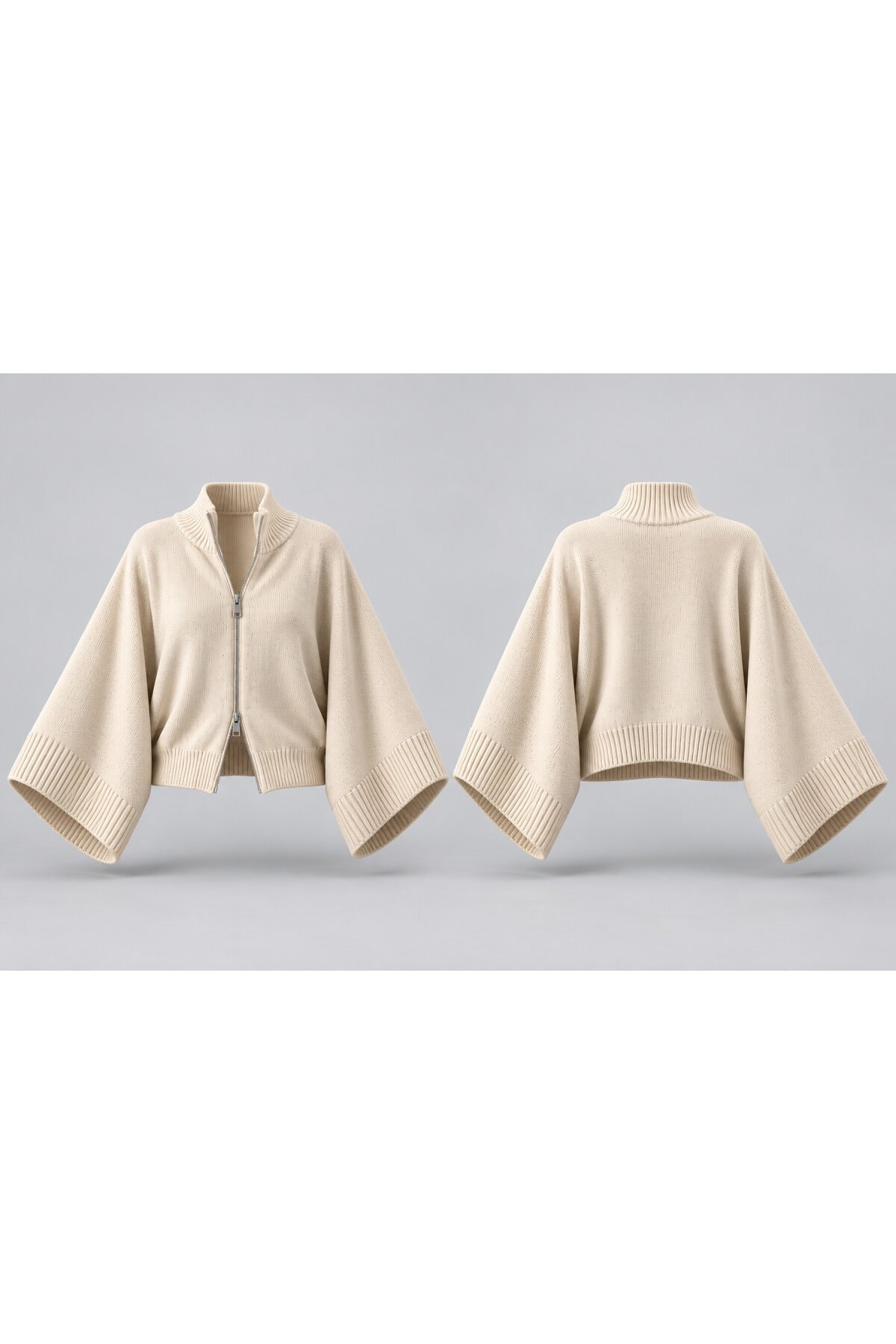 Bej Fermuarlı Oversize Yarasa Kol Triko Hırka E26-SS01