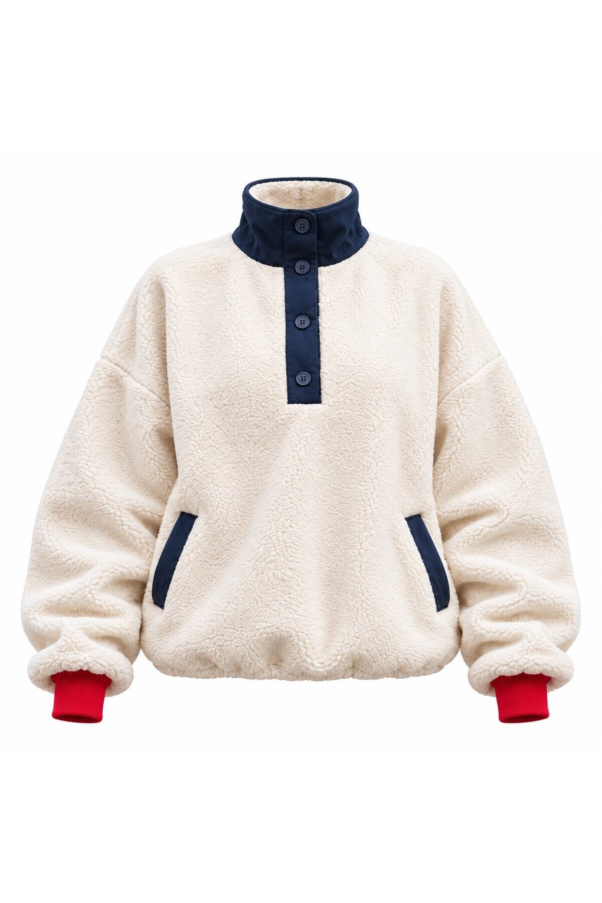 Ekru Beli Lastikli Yakası Düğmeli Oversize Tedy Peluş Sweat E26-STA4241