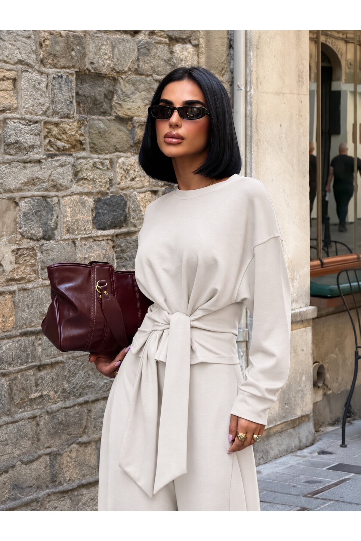 Kadın Bej Beli Kuşak Bağlamalı Modal Takım E26-ST2978