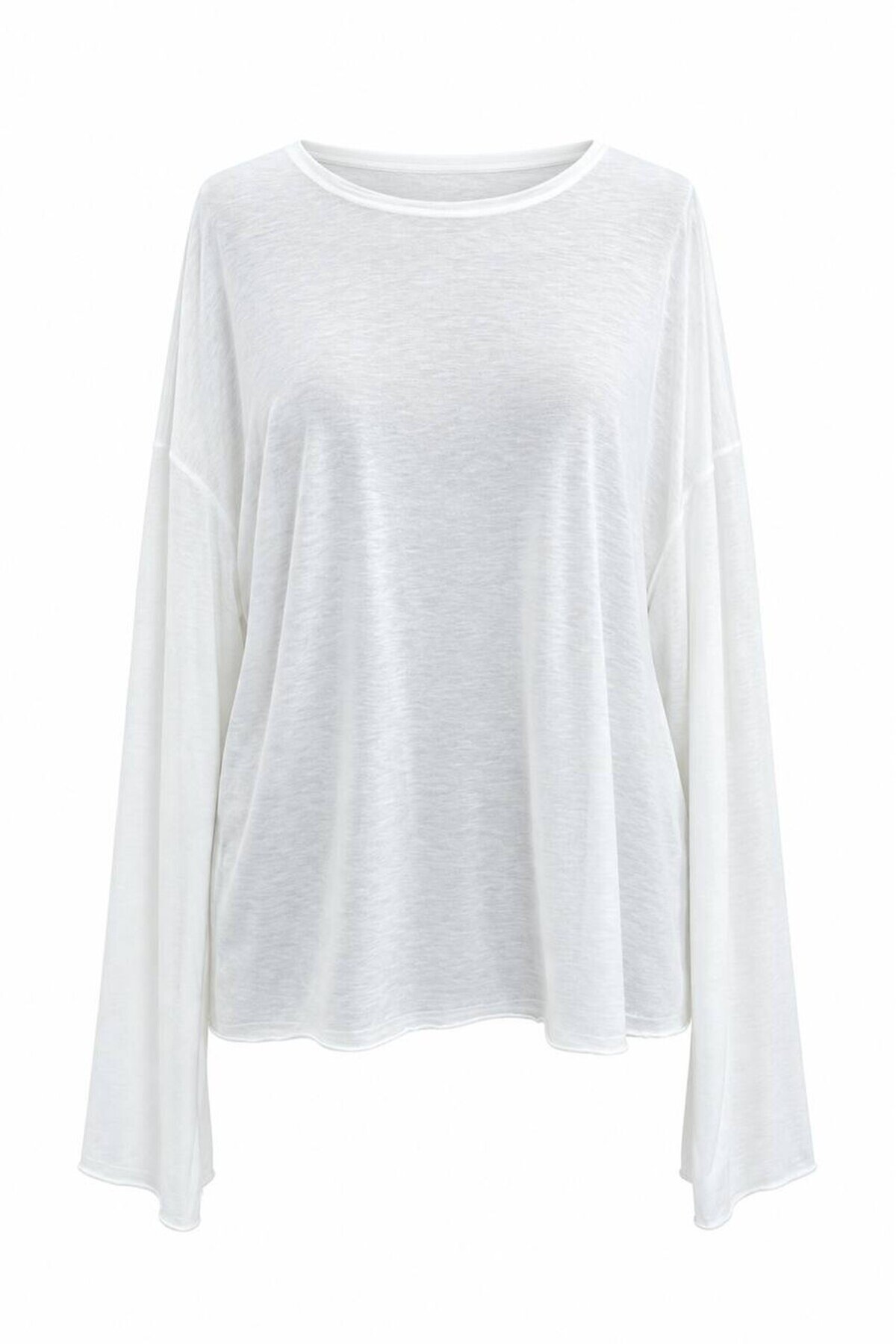 Kadın Ekru Oversize Uzun Kol Transparan T-Shirt E26-NM0215