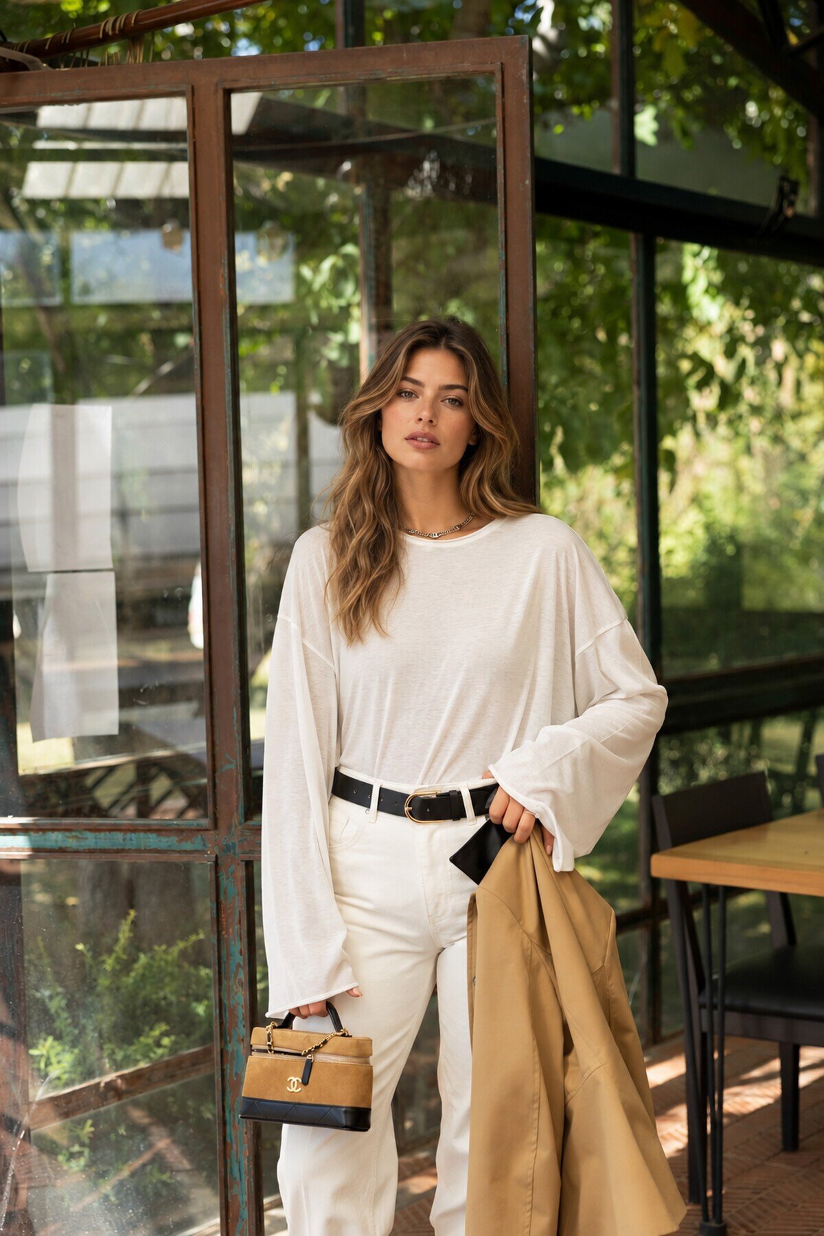 Kadın Ekru Oversize Uzun Kol Transparan T-Shirt E26-NM0215