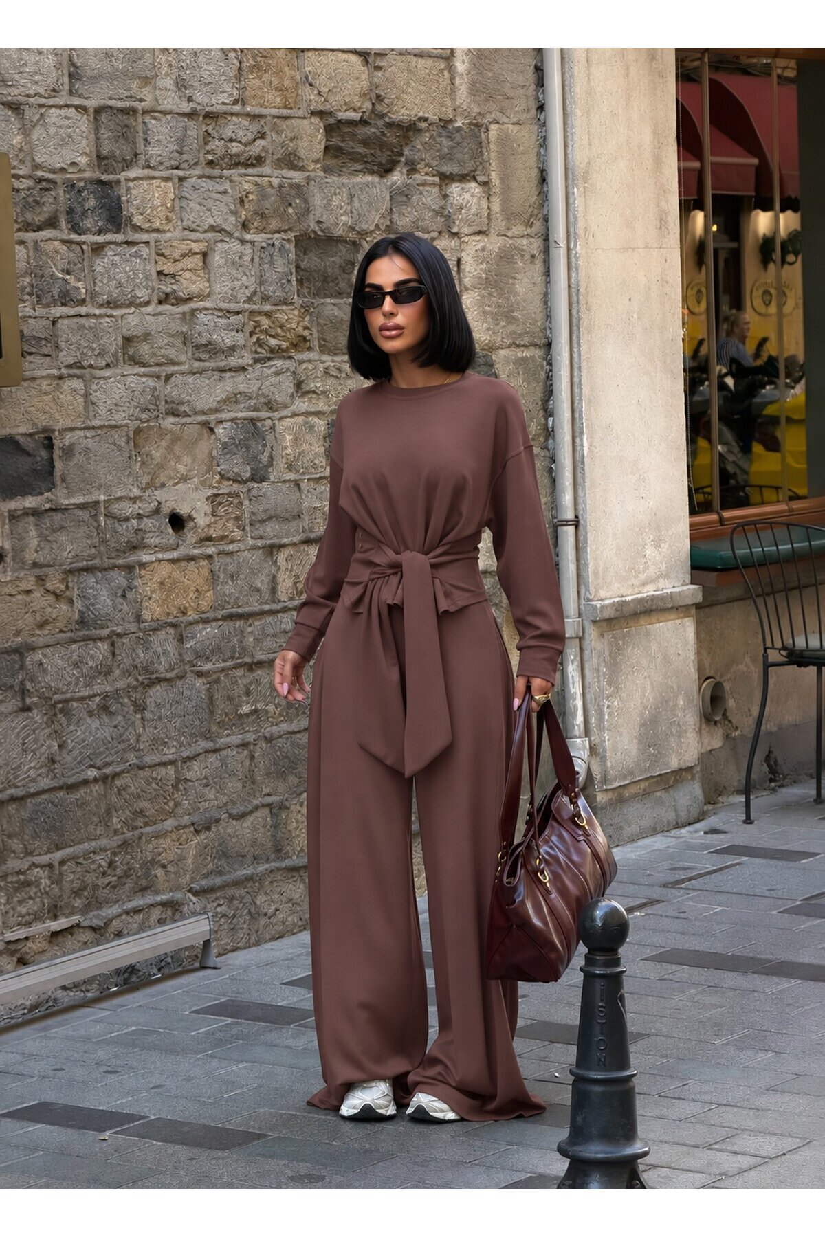 Kadın Kahverengi Beli Kuşak Bağlamalı Modal Takım E26-ST2978