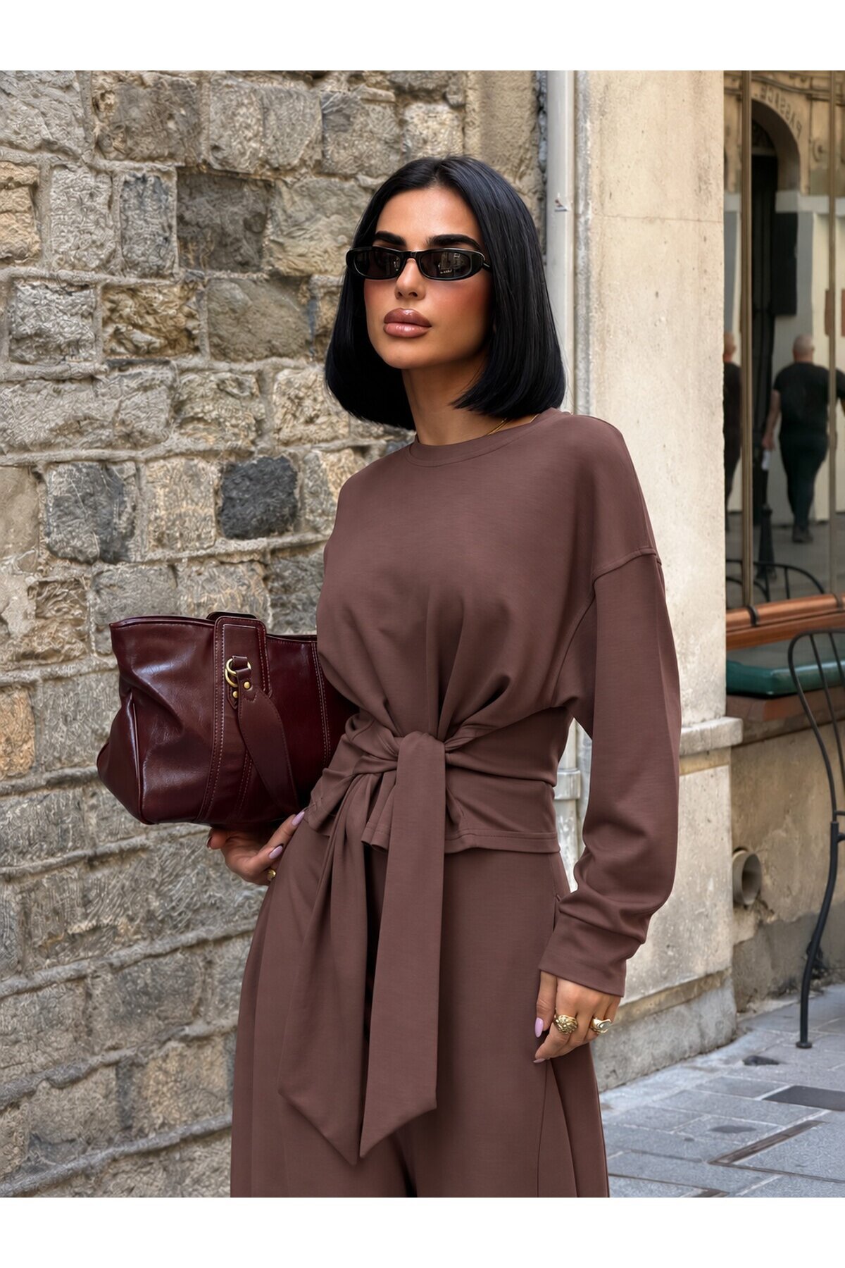 Kadın Kahverengi Beli Kuşak Bağlamalı Modal Takım E26-ST2978