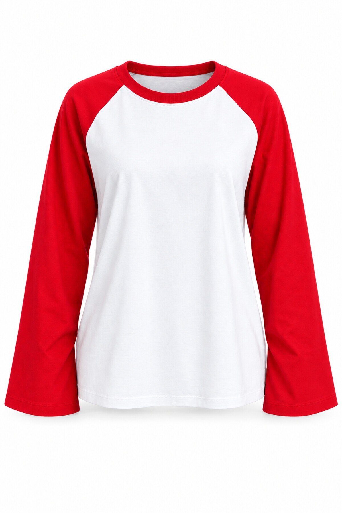 Kadın Kırmızı Beyaz Renk Bloklu Raglan Uzun Kol Pamuk T-Shirt E26-NM2670