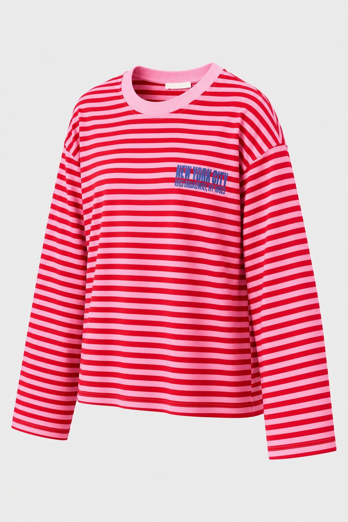 Kadın Kırmızı Çizgili New York Baskılı Oversize Uzun Kollu Tişört E26-BS01
