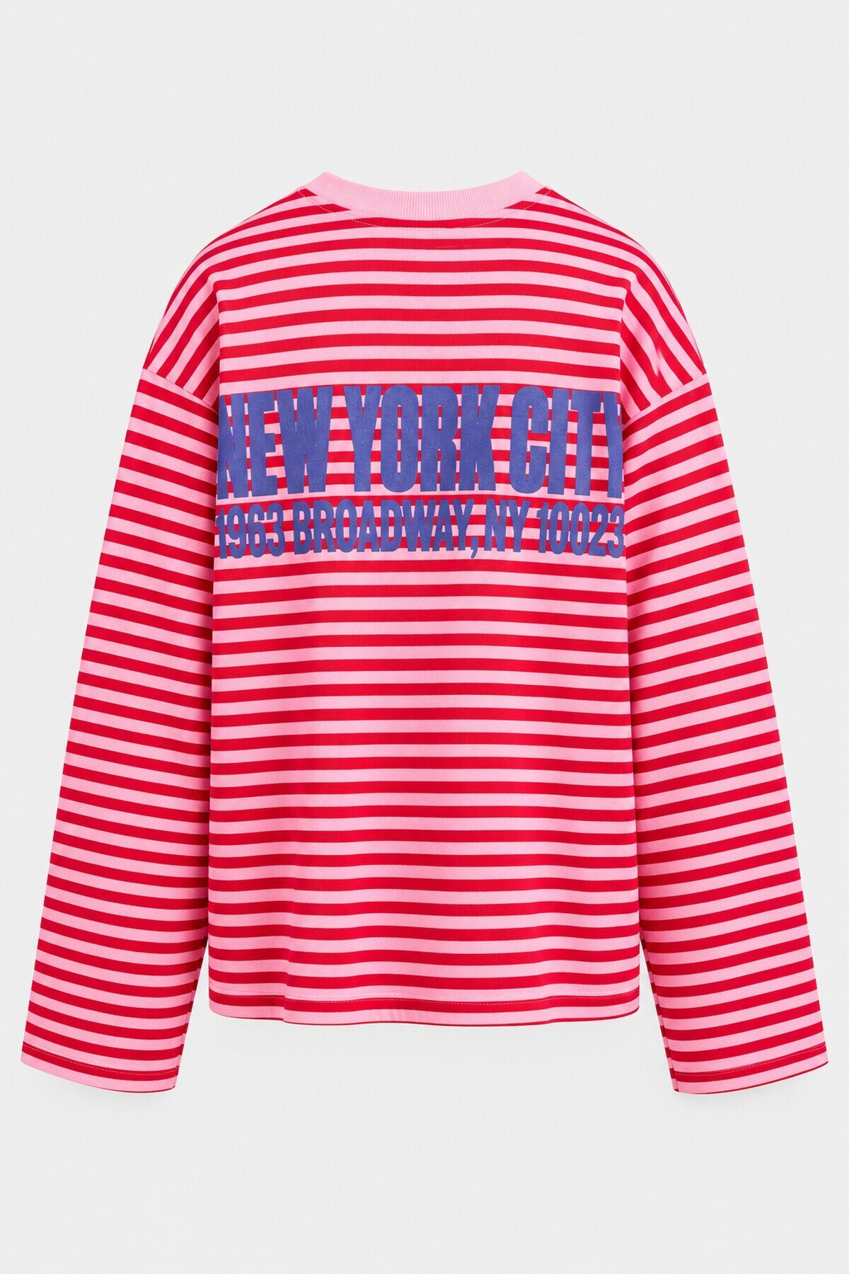Kadın Kırmızı Çizgili New York Baskılı Oversize Uzun Kollu Tişört E26-BS01
