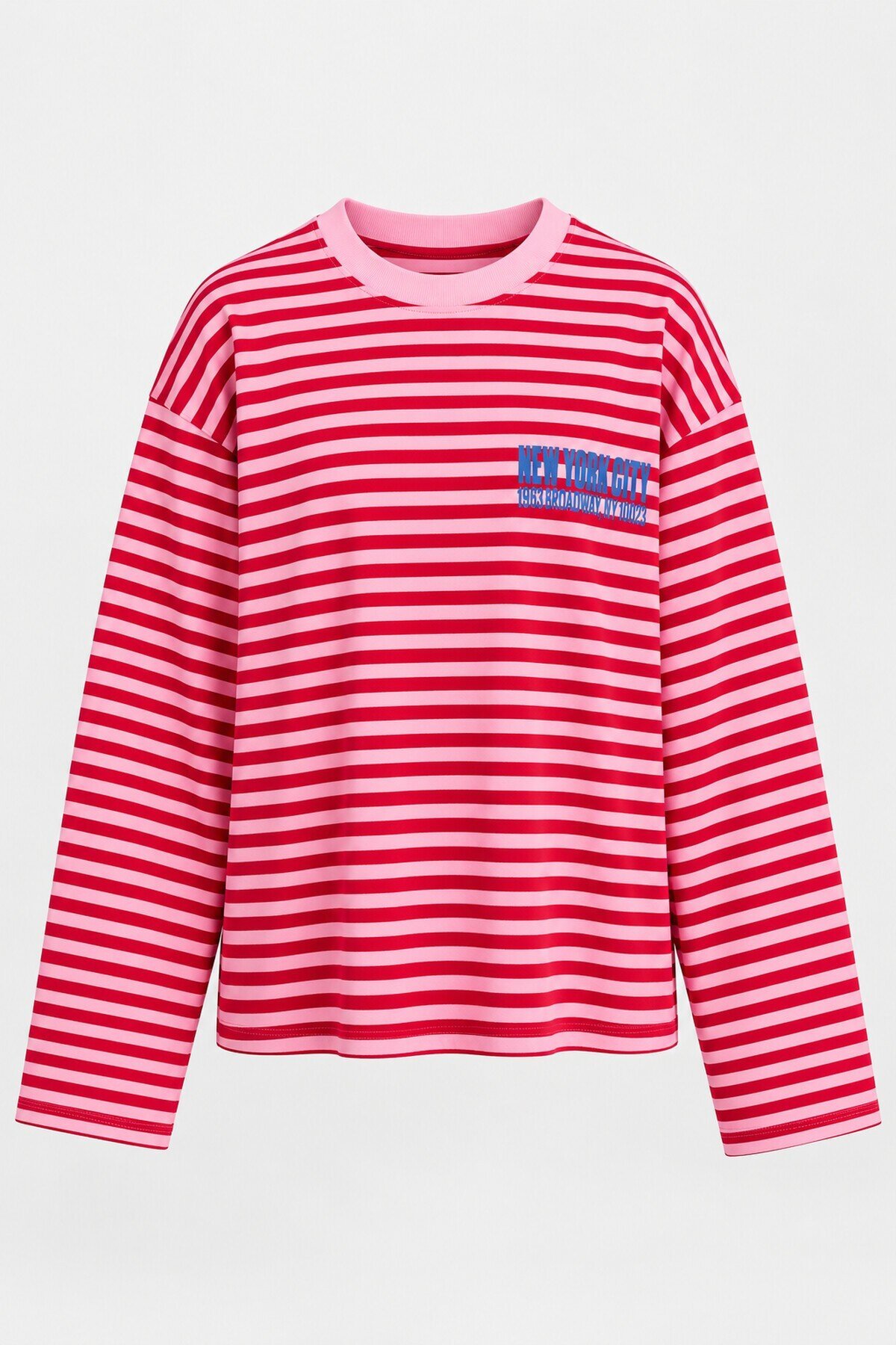 Kadın Kırmızı Çizgili New York Baskılı Oversize Uzun Kollu Tişört E26-BS01
