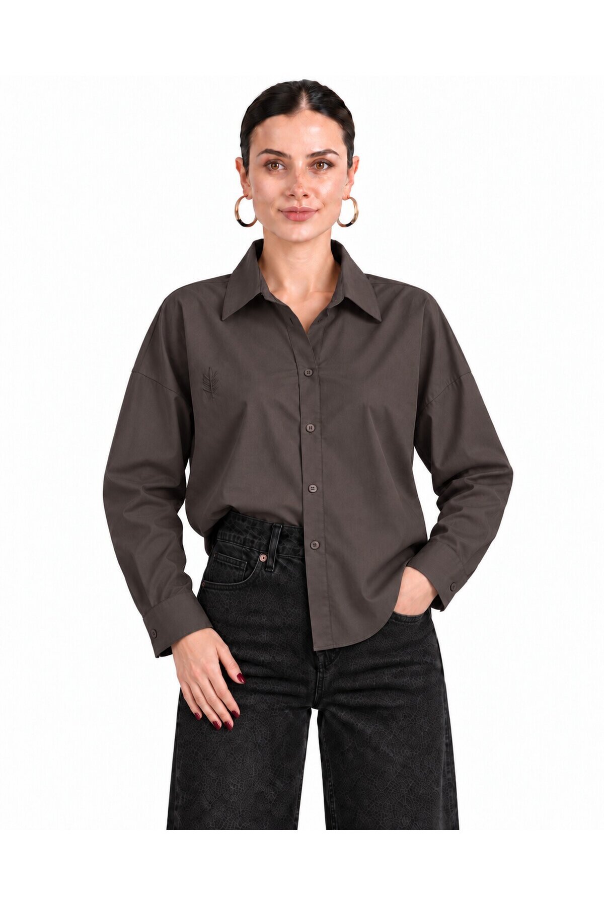 Kadın Koyu Kahve Oversize %100 Cotton Premium Poplin Gömlek E26-CON1724