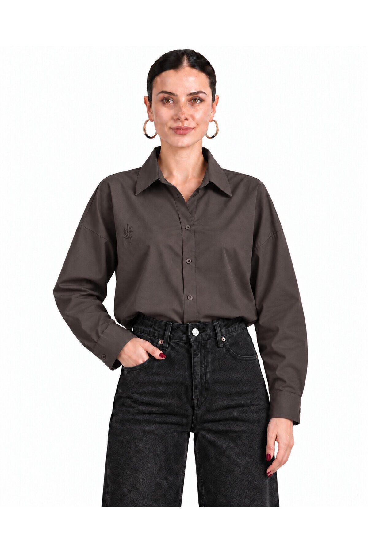 Kadın Koyu Kahve Oversize %100 Cotton Premium Poplin Gömlek E26-CON1724