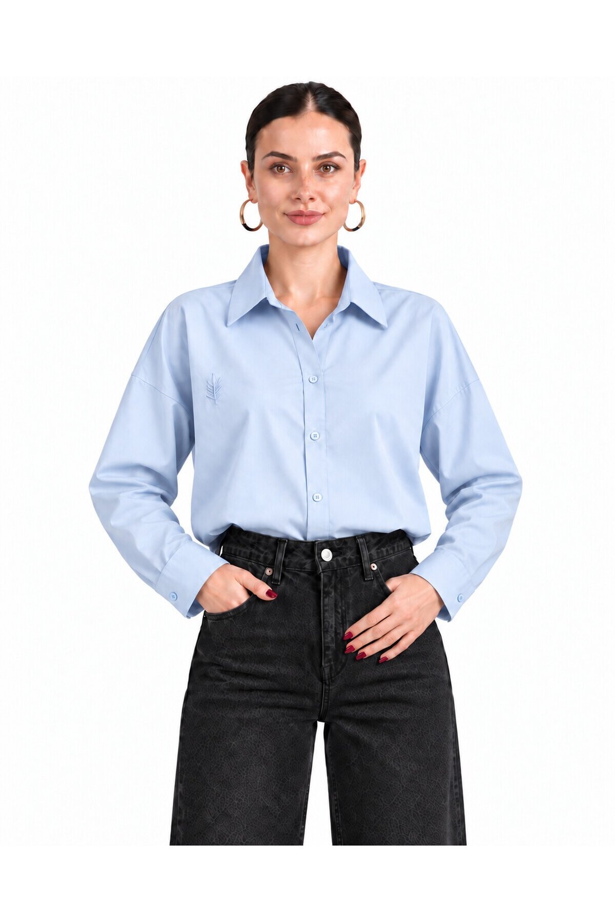 Kadın Mavi Oversize %100 Cotton Premium Poplin Gömlek E26-CON1724