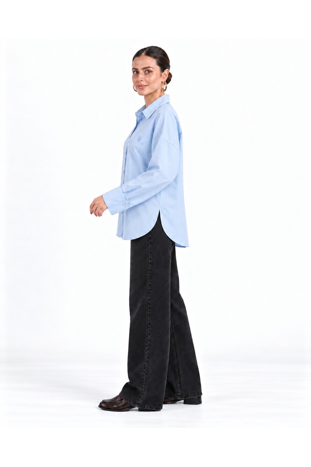 Kadın Mavi Oversize %100 Cotton Premium Poplin Gömlek E26-CON1724
