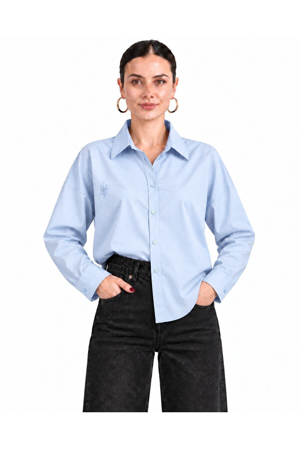 Kadın Mavi Oversize %100 Cotton Premium Poplin Gömlek E26-CON1724