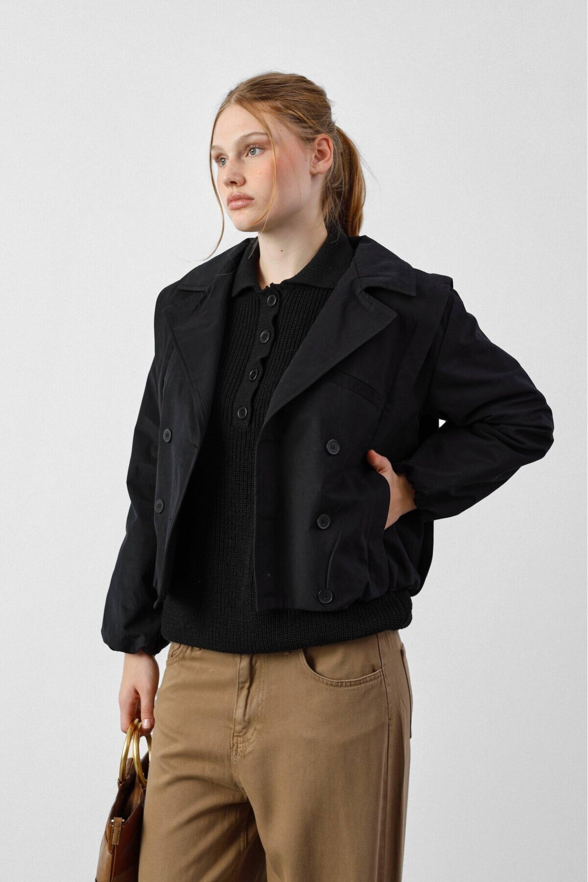 Kadın Siyah Premium Bomber Trençkot E26-CON2094