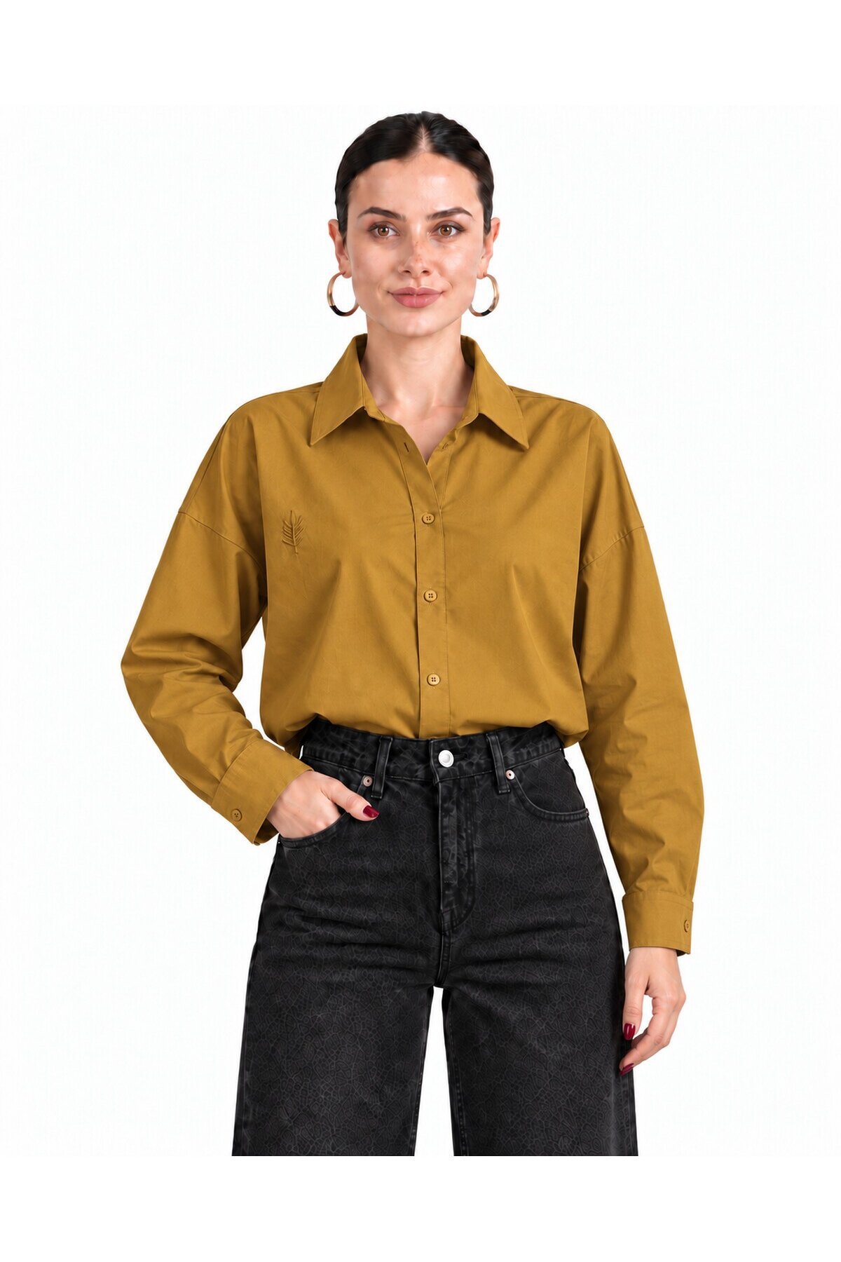 Kadın Yağ Yeşili Oversize %100 Cotton Premium Poplin Gömlek E26-CON1724