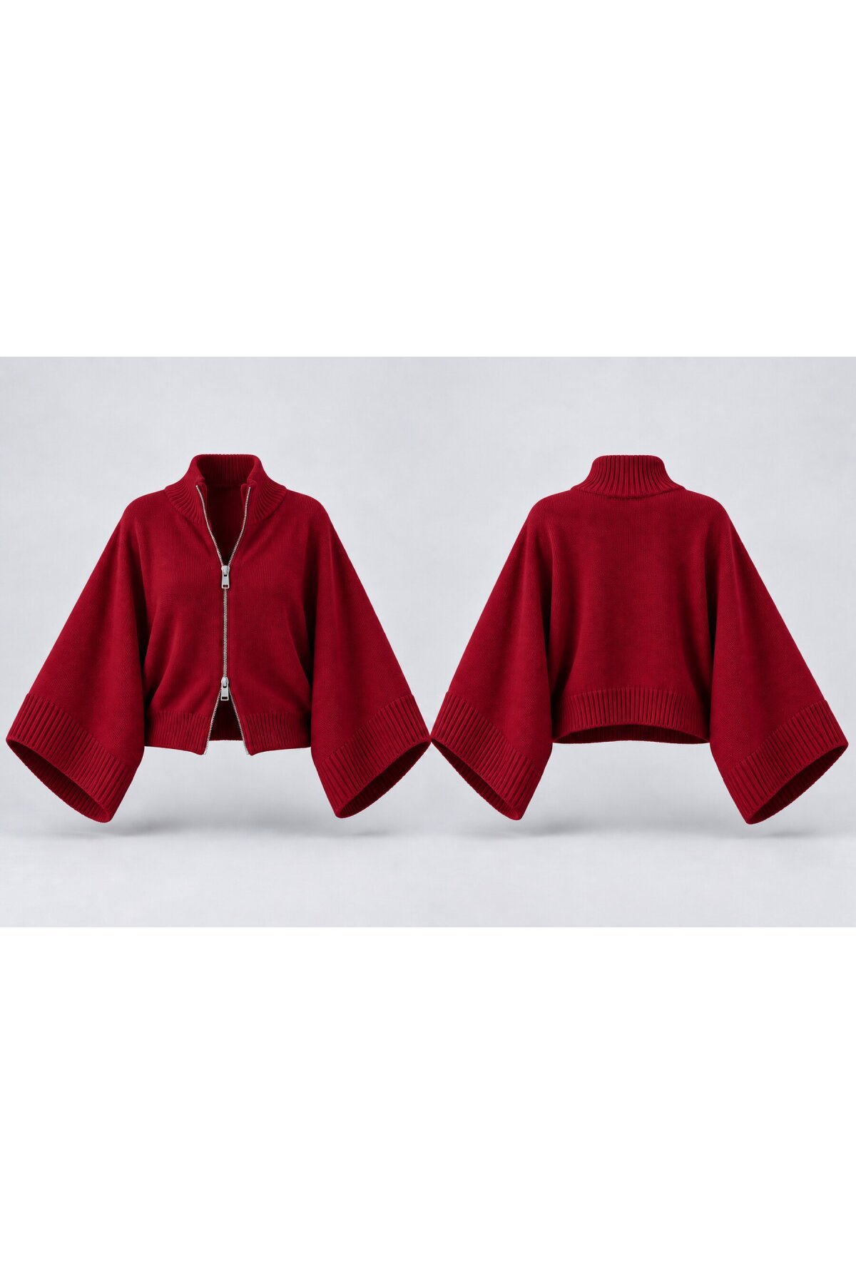 Kırmızı Fermuarlı Oversize Yarasa Kol Triko Hırka E26-SS01