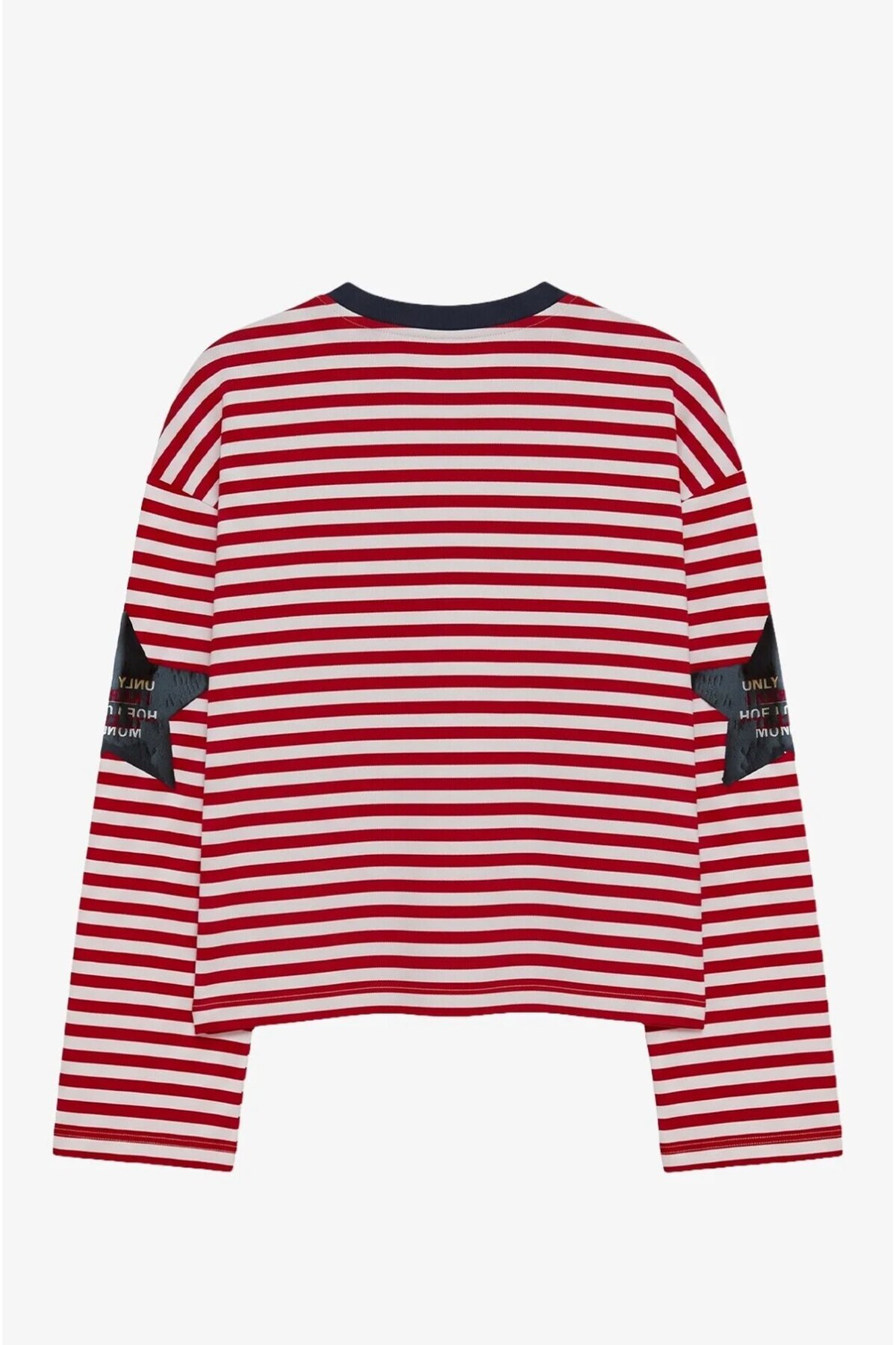 Lacivert Yaka Kırmızı Çizgili Yıldız Baskılı Oversize Modal Sweatshirt E26-STA1127