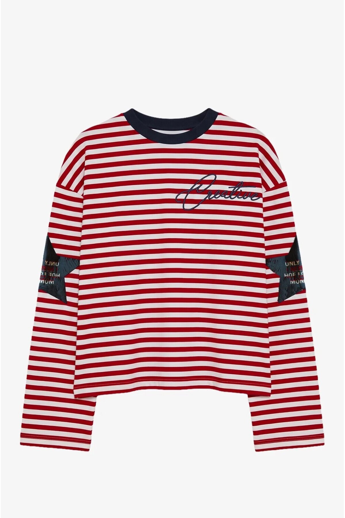 Lacivert Yaka Kırmızı Çizgili Yıldız Baskılı Oversize Modal Sweatshirt E26-STA1127