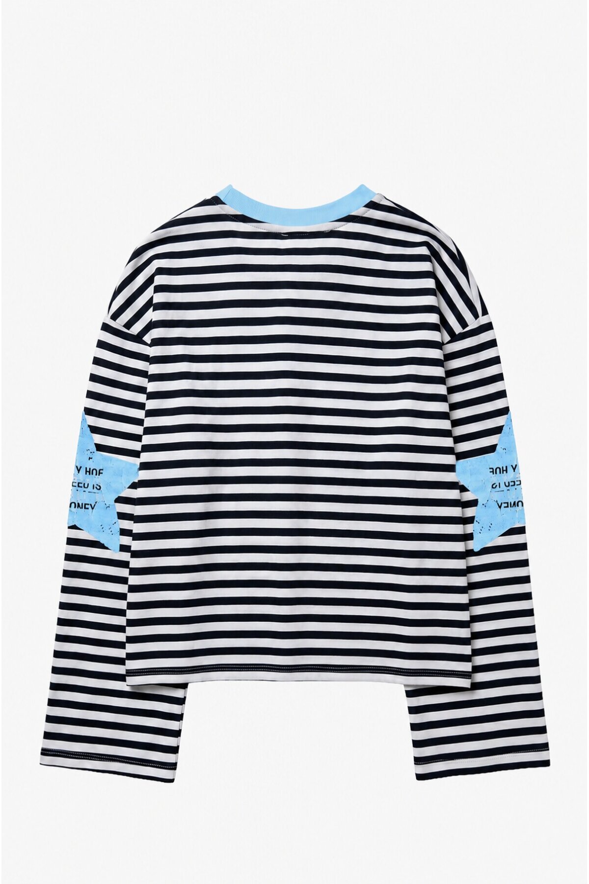 Mavi Yaka Siyah Çizgili Yıldız Baskılı Oversize Modal Sweatshirt E26-STA1127