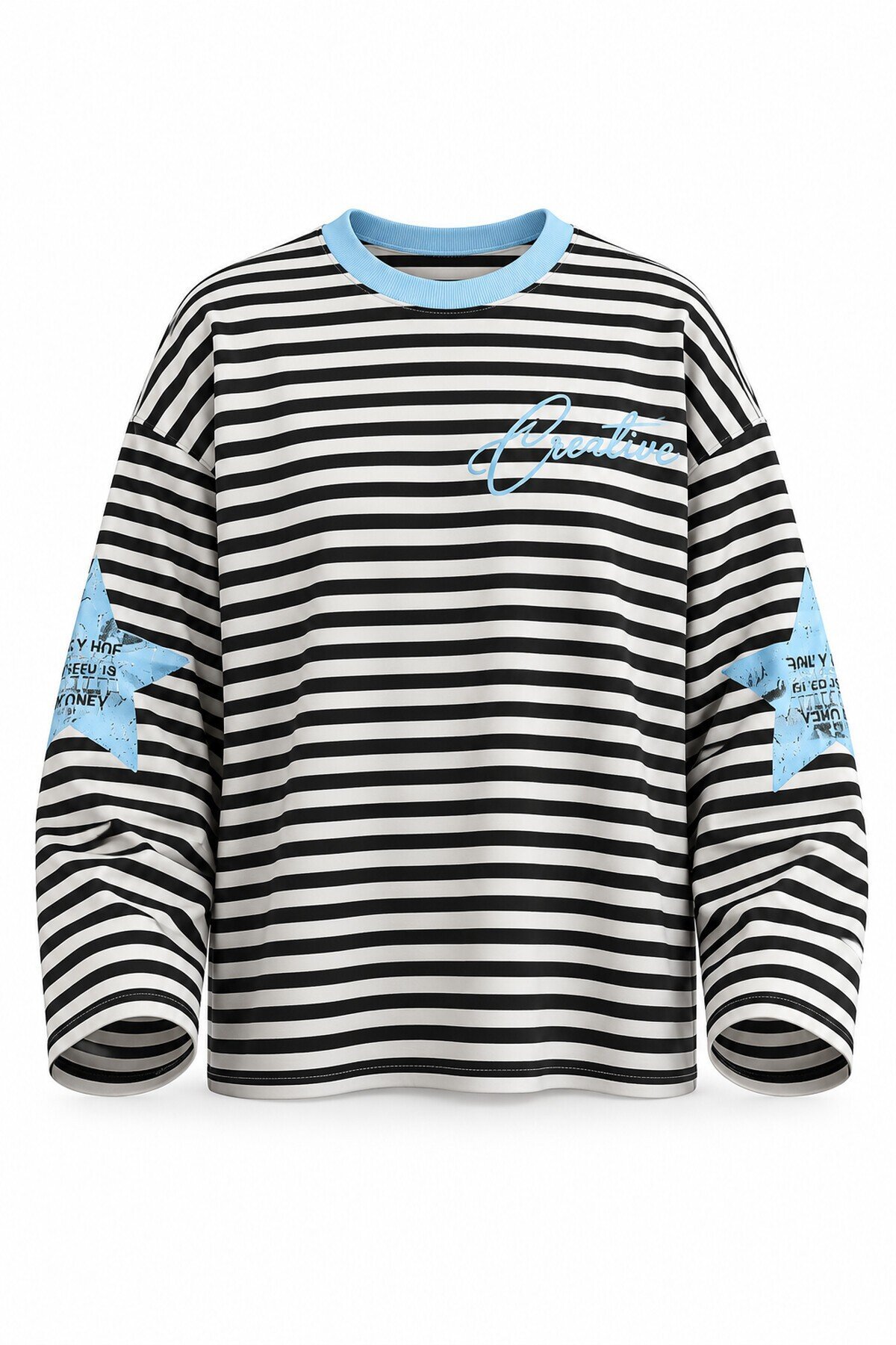 Mavi Yaka Siyah Çizgili Yıldız Baskılı Oversize Modal Sweatshirt E26-STA1127
