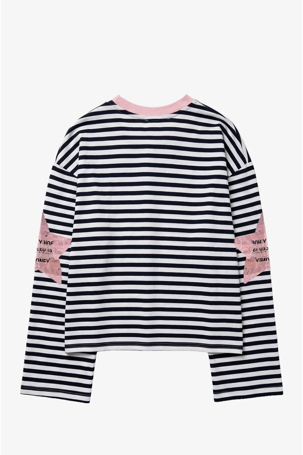 Pembe Yaka Lacivert Çizgili Yıldız Baskılı Oversize Modal Sweatshirt E26-STA1127