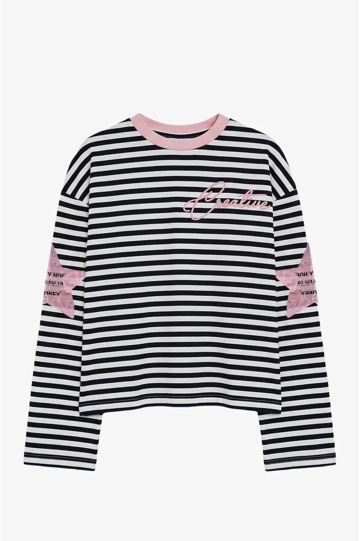 Pembe Yaka Lacivert Çizgili Yıldız Baskılı Oversize Modal Sweatshirt E26-STA1127