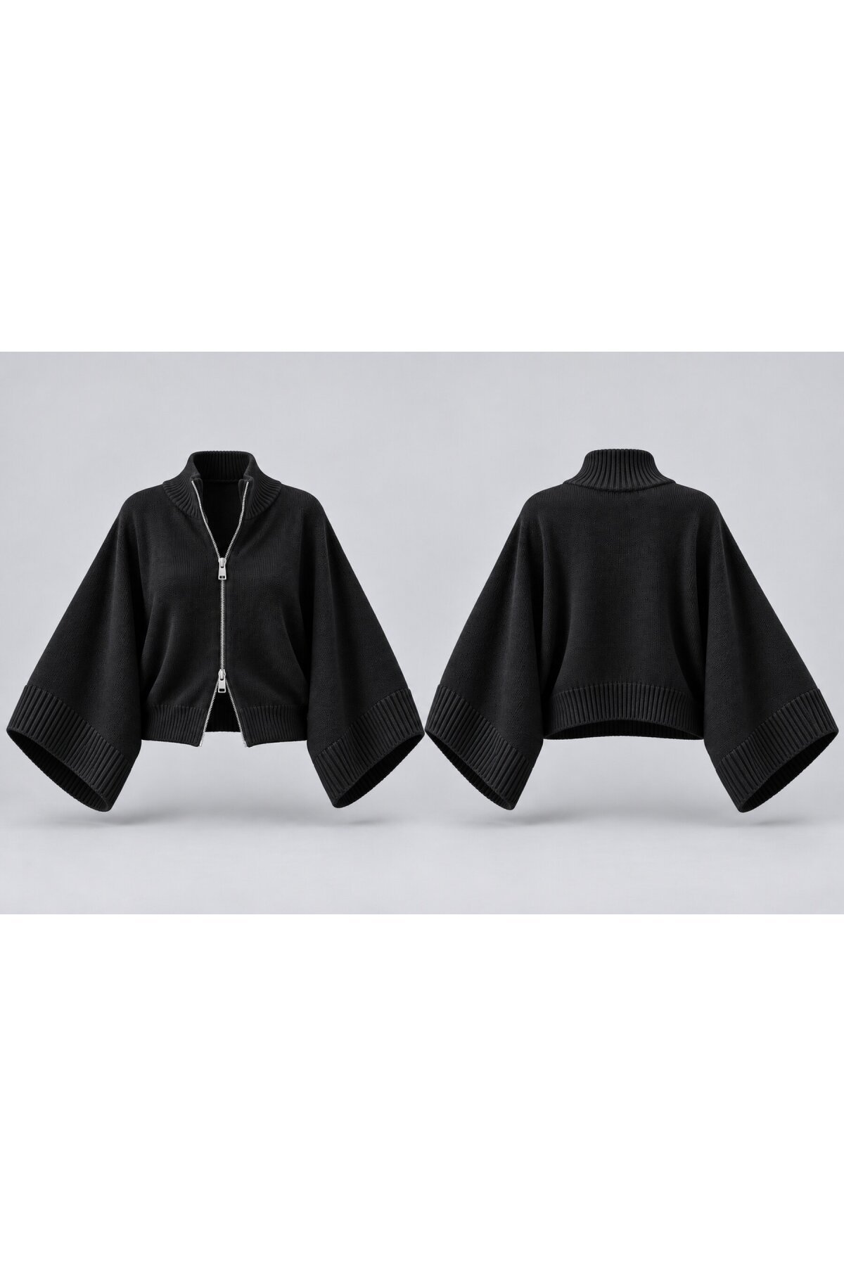 Siyah Fermuarlı Oversize Yarasa Kol Triko Hırka E26-SS01