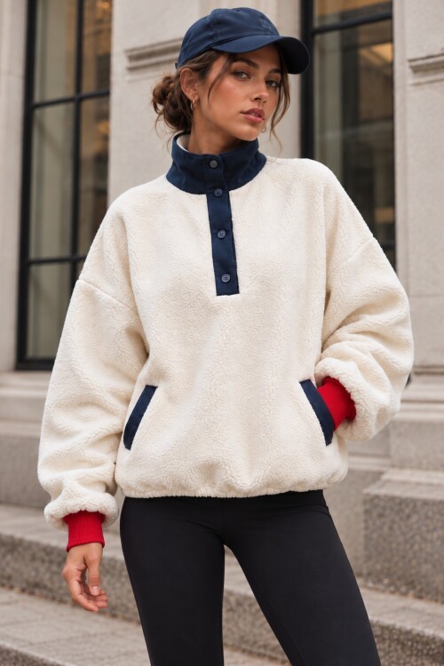 Ekru Beli Lastikli Yakası Düğmeli Oversize Tedy Peluş Sweat E26-STA4241
