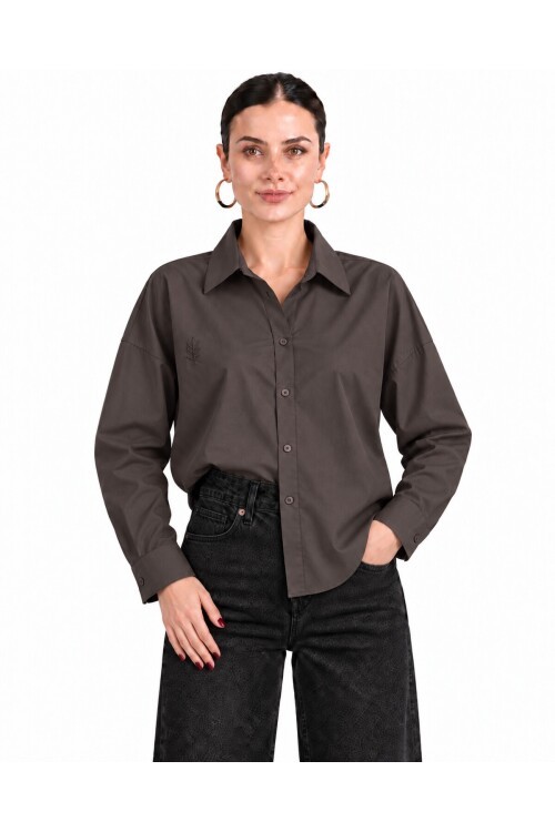 Kadın Koyu Kahve Oversize %100 Cotton Premium Poplin Gömlek E26-CON1724