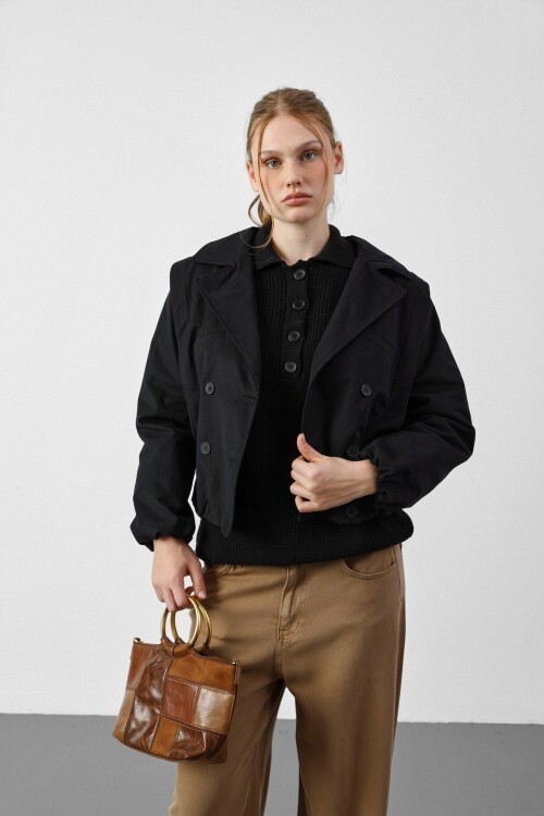 Kadın Siyah Premium Bomber Trençkot E26-CON2094