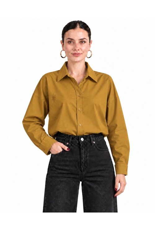 Kadın Yağ Yeşili Oversize %100 Cotton Premium Poplin Gömlek E26-CON1724