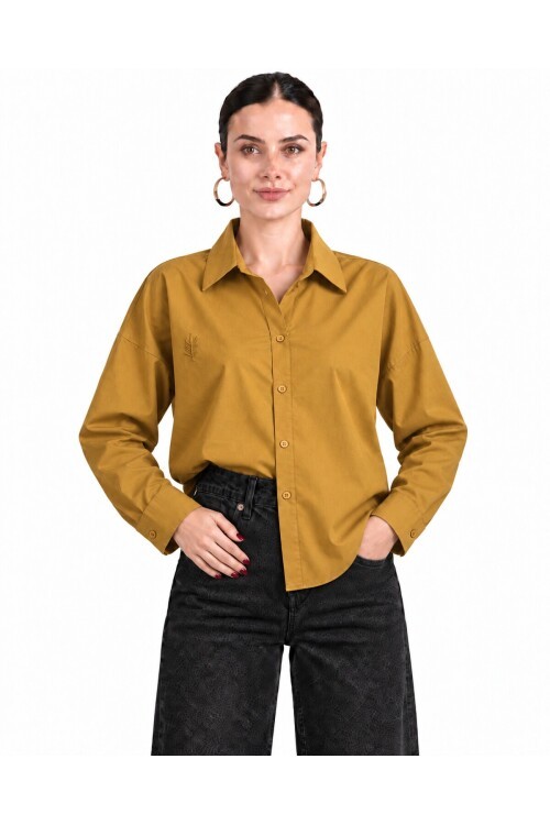 Kadın Yağ Yeşili Oversize %100 Cotton Premium Poplin Gömlek E26-CON1724
