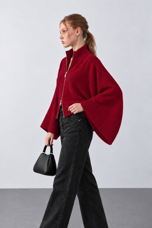 Kırmızı Fermuarlı Oversize Yarasa Kol Triko Hırka E26-SS01